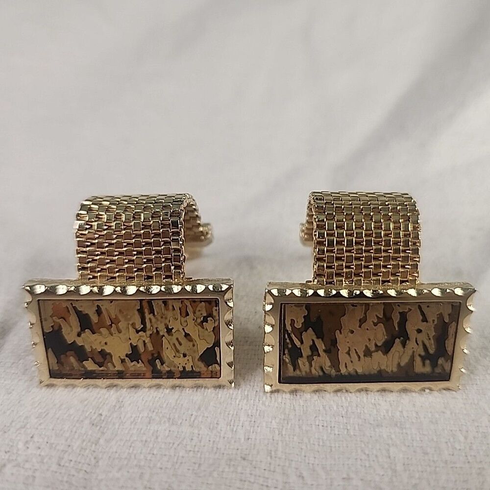 Cufflinks Dante Gold Tone Mesh Strap Flaming Mirror Mens Jewelry RARE Vintage